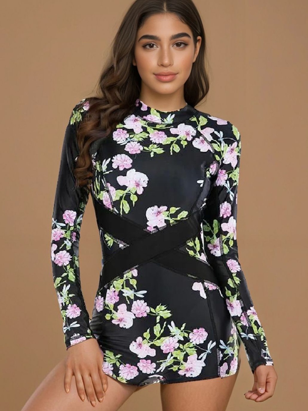 

WomanLikeU Floral Printed Long Sleeves Legsuit, Black