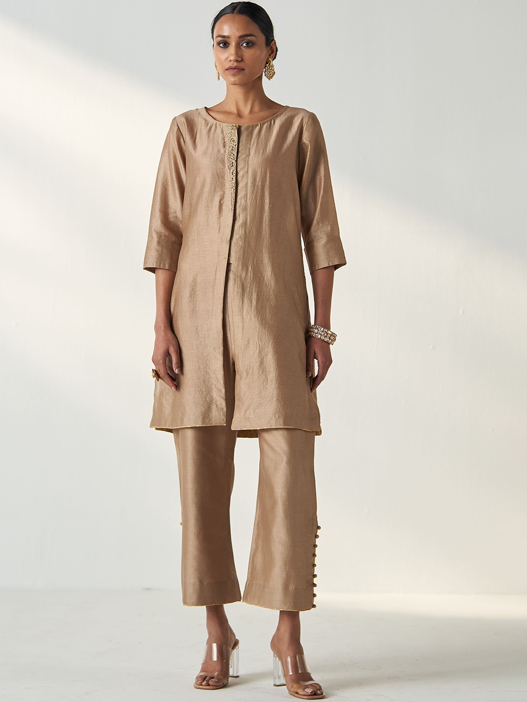 

STUDIO BAGECHAA Women Regular Chanderi Cotton Kurta with Trousers, Brown