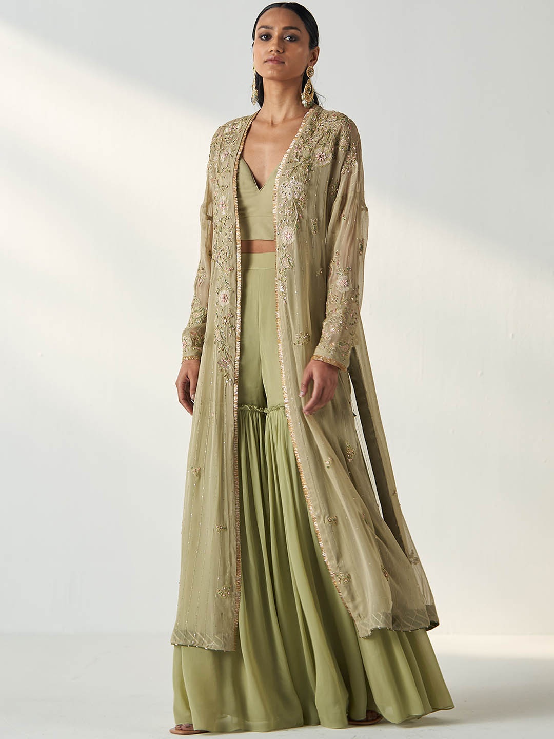 

STUDIO BAGECHAA Embellished Top with Sharara & Shrug, Green