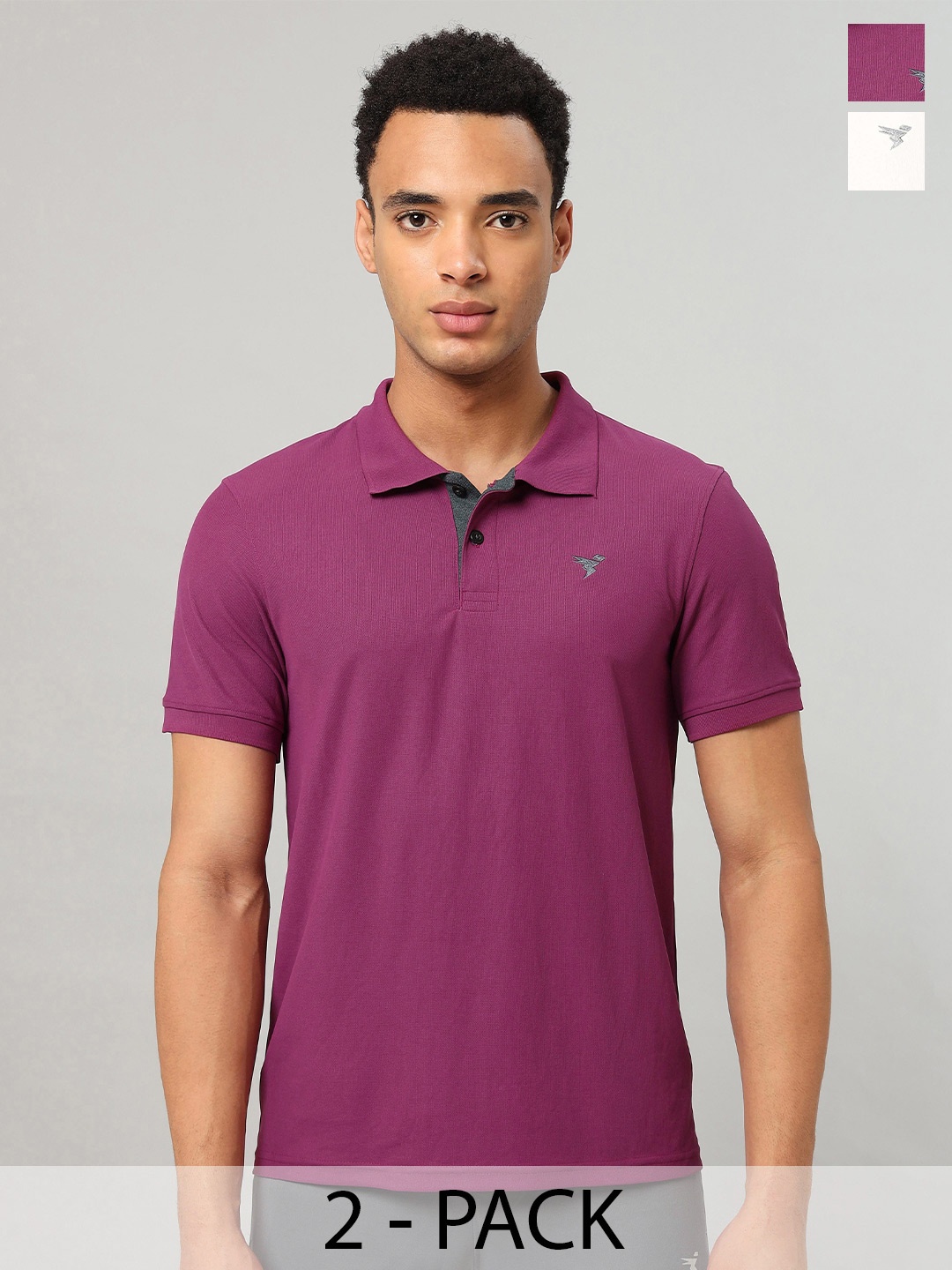 

Technosport Men Pack Of 2 SS'24 Solid Polo Collar Slim Fit T-shirt, Purple