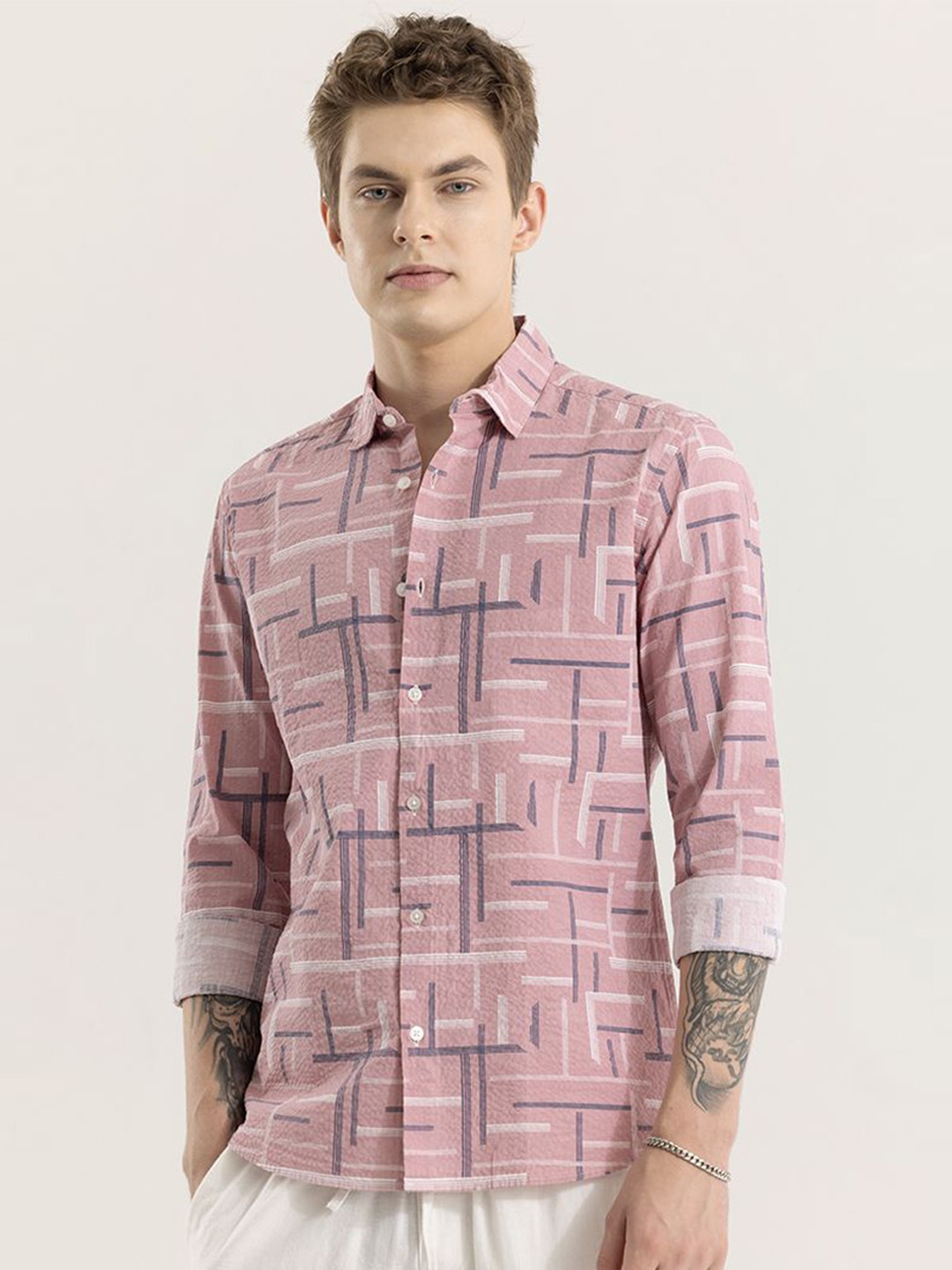 

Snitch Men Cotton Straight Slim Fit Opaque Printed Casual Shirt, Pink