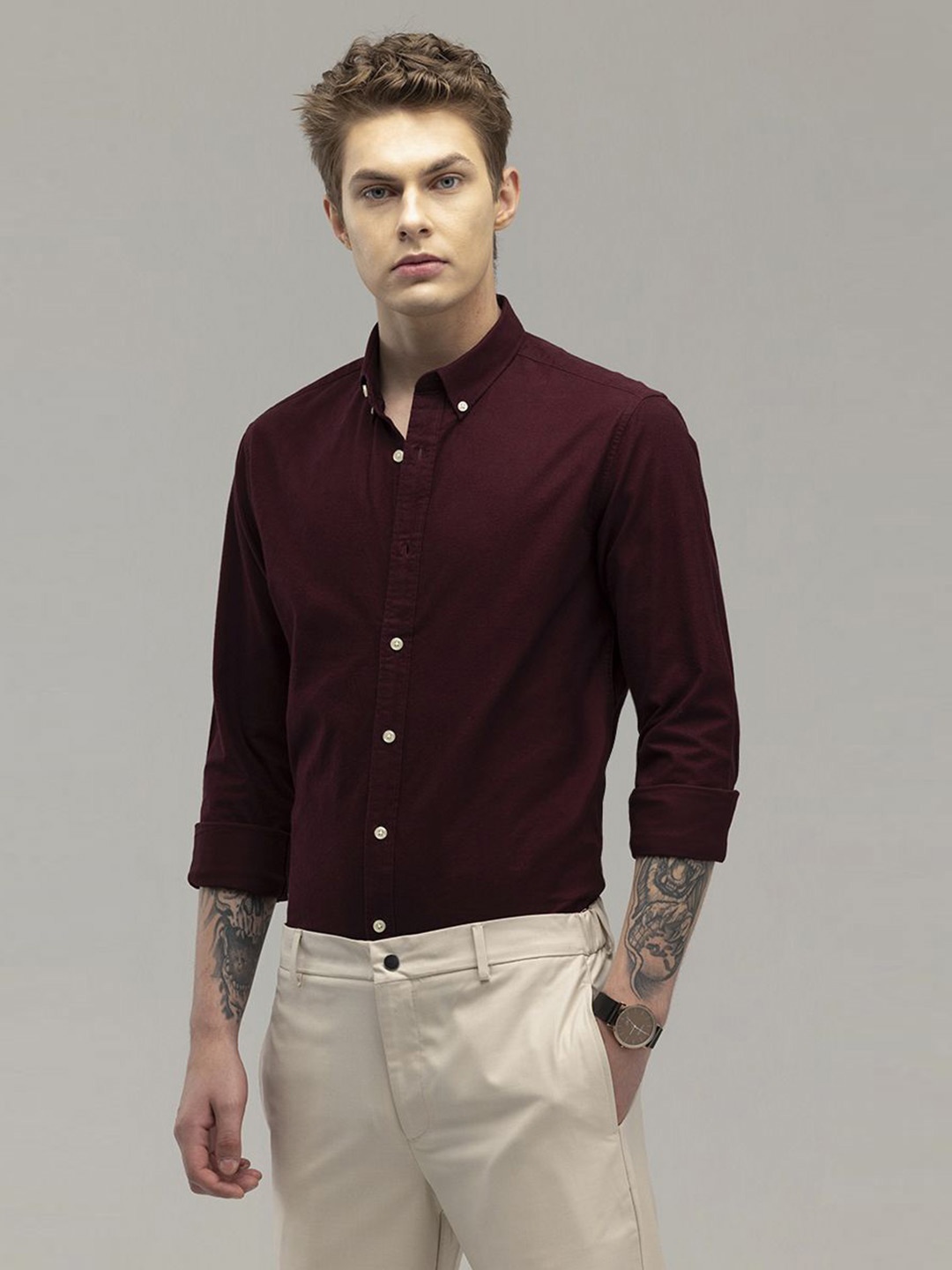 

Snitch Men Cotton Straight Slim Fit Opaque Casual Shirt, Burgundy