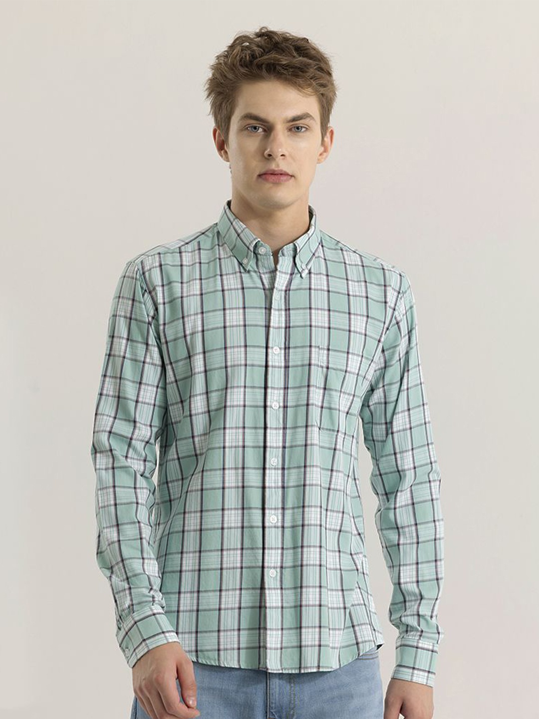 

Snitch Men Straight Slim Fit Tartan Checks Opaque Checked Casual Shirt, Green