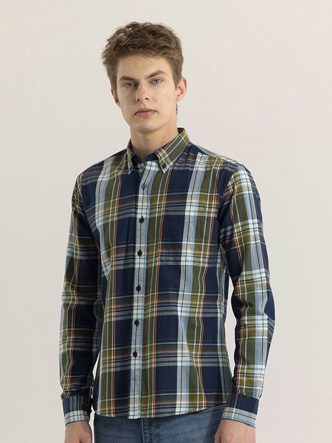 

Snitch Men Checked Tartan Checks Straight Slim Fit Opaque Casual Shirt, Navy blue