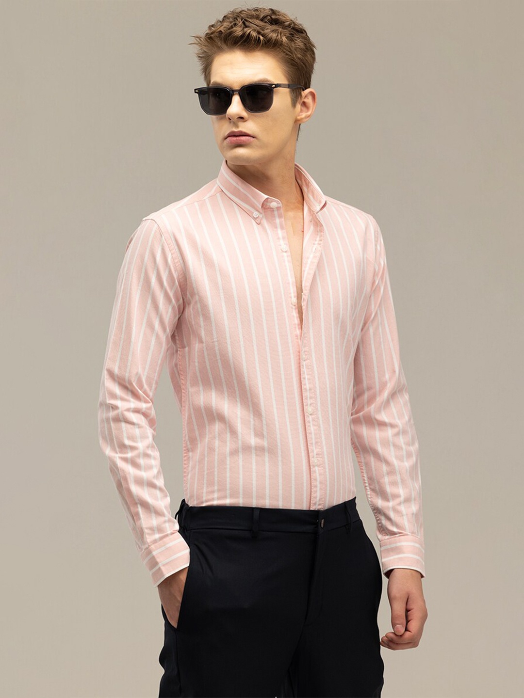 

Snitch Men Cotton Straight Slim Fit Striped Casual Shirt, Peach