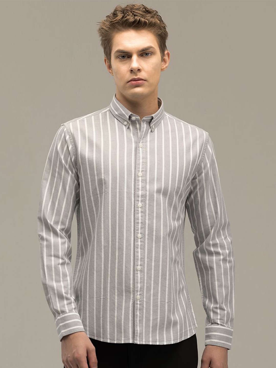 

Snitch Men Cotton Straight Slim Fit Opaque Striped Casual Shirt, Grey