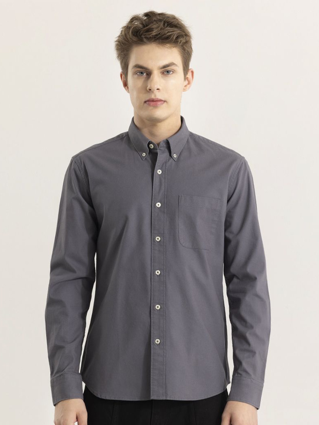 

Snitch Men Cotton Button-Down Collar Straight Slim Fit Casual Shirt, Grey