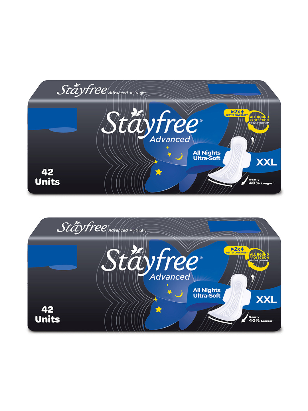 

Stayfree Advanced 2 Pcs All Night Ultra-Soft Sanitary Napkin with Wings XXL - 42 Pads each, Black