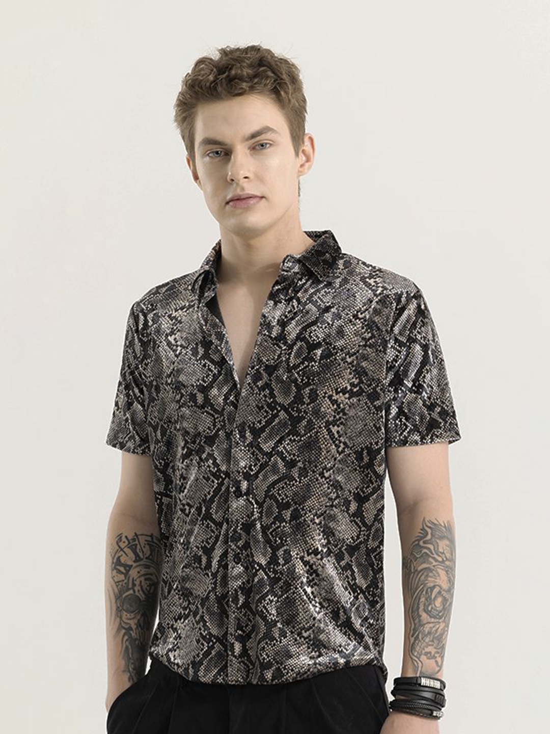 

Snitch Men Abstract Printed Straight Slim Fit Opaque Formal Shirt, Beige