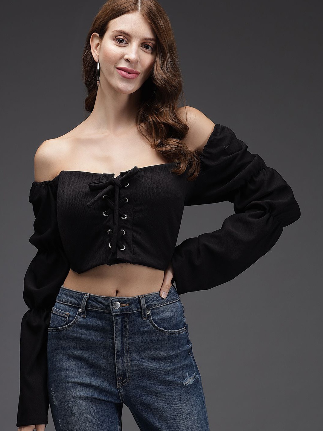 

TANDUL Solid Off-Shoulder Lace-Up Bardot Crop Top, Black