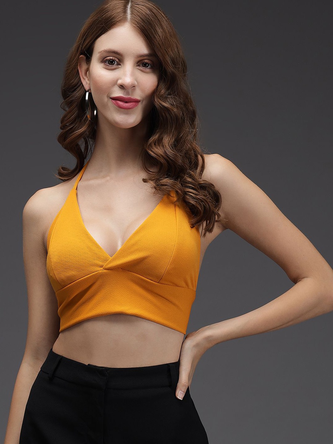 

TANDUL Solid Tie-Up Neck Bralette Crop Top, Yellow