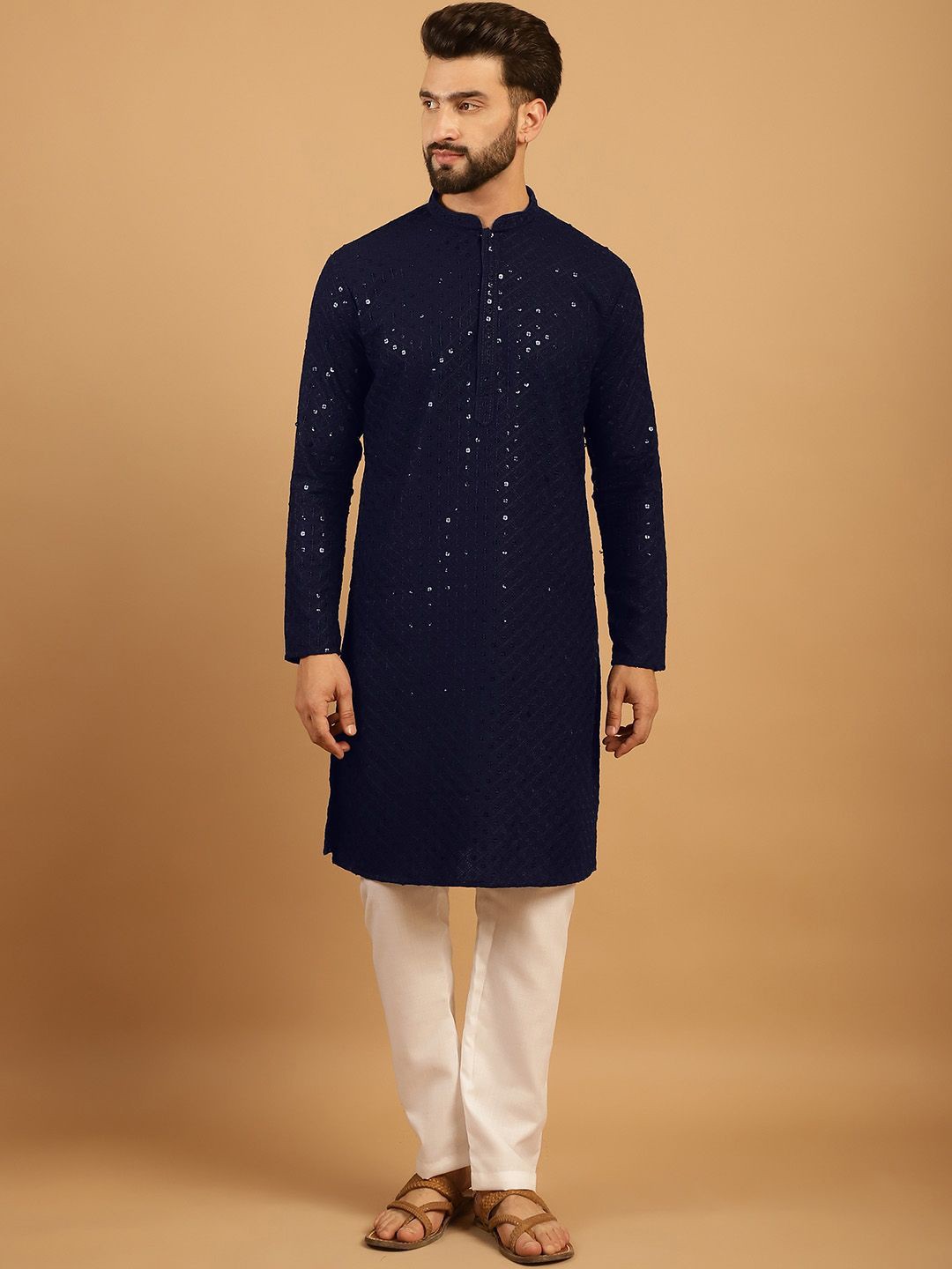 

TREEMODA Men Ethnic Motifs Embroidered Regular Sequinned Pure Cotton Kurta with Pyjamas, Navy blue