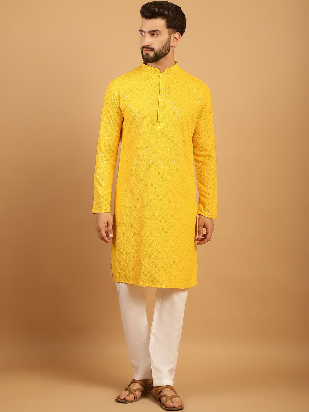 

TREEMODA Men Embroidered Regular Pure Cotton Kurta with Pyjamas, Yellow