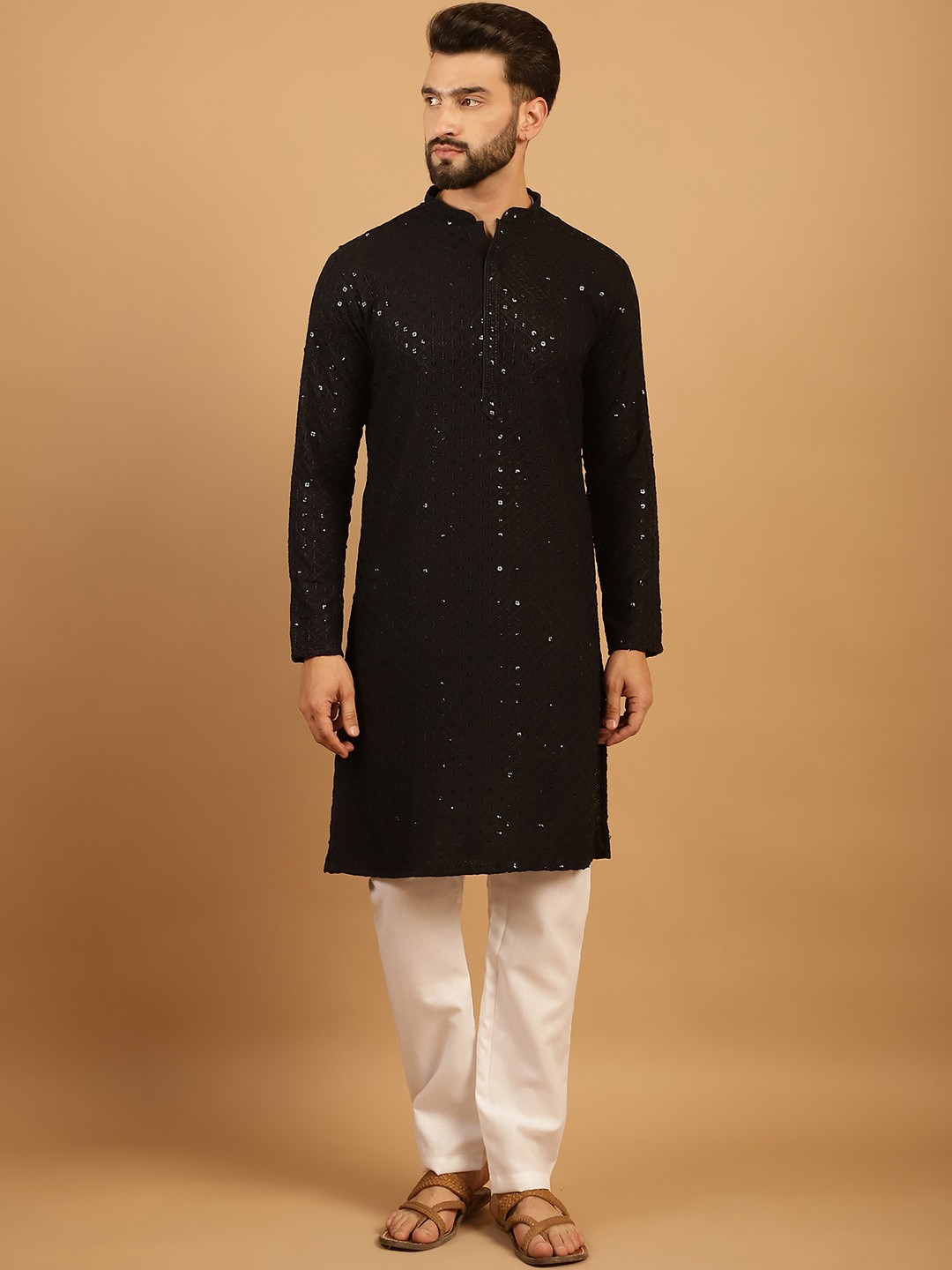 

TREEMODA Men Embroidered Regular Sequinned Pure Cotton Kurta with Pyjamas, Black