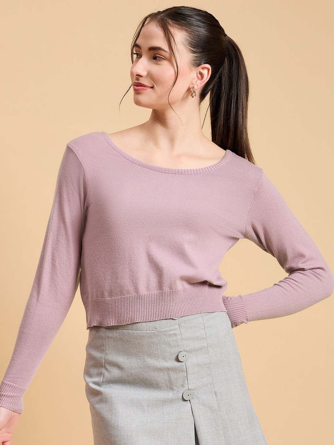 

CLAPTON Solid Round Neck Top, Pink