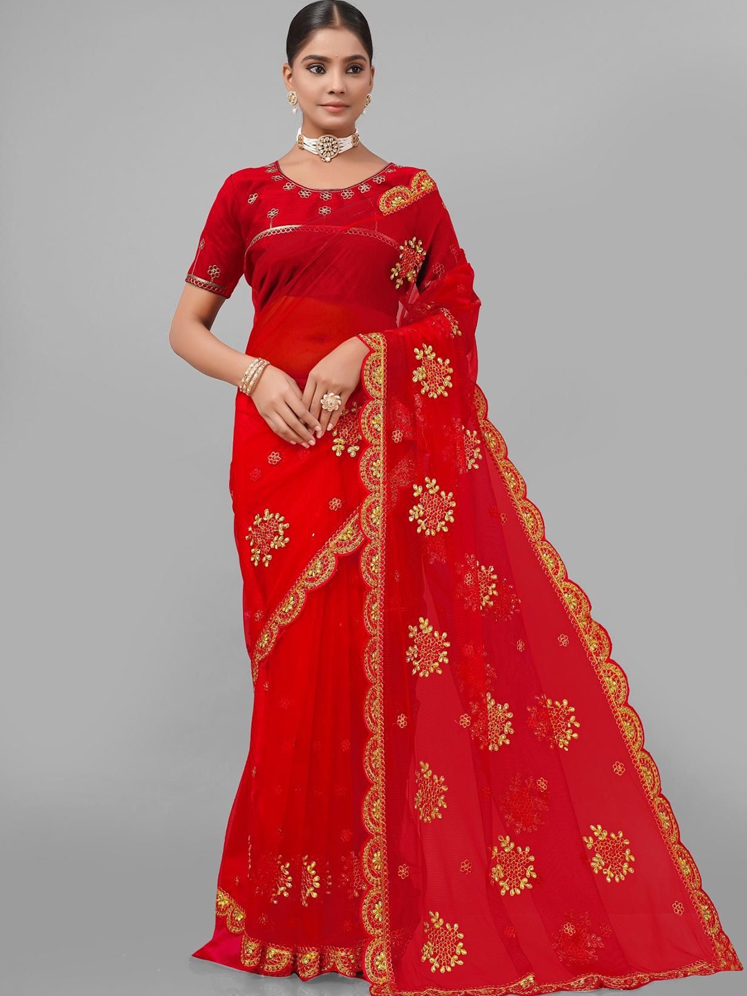 

KHRITI FAB Ethnic Motifs Supernet Saree, Red