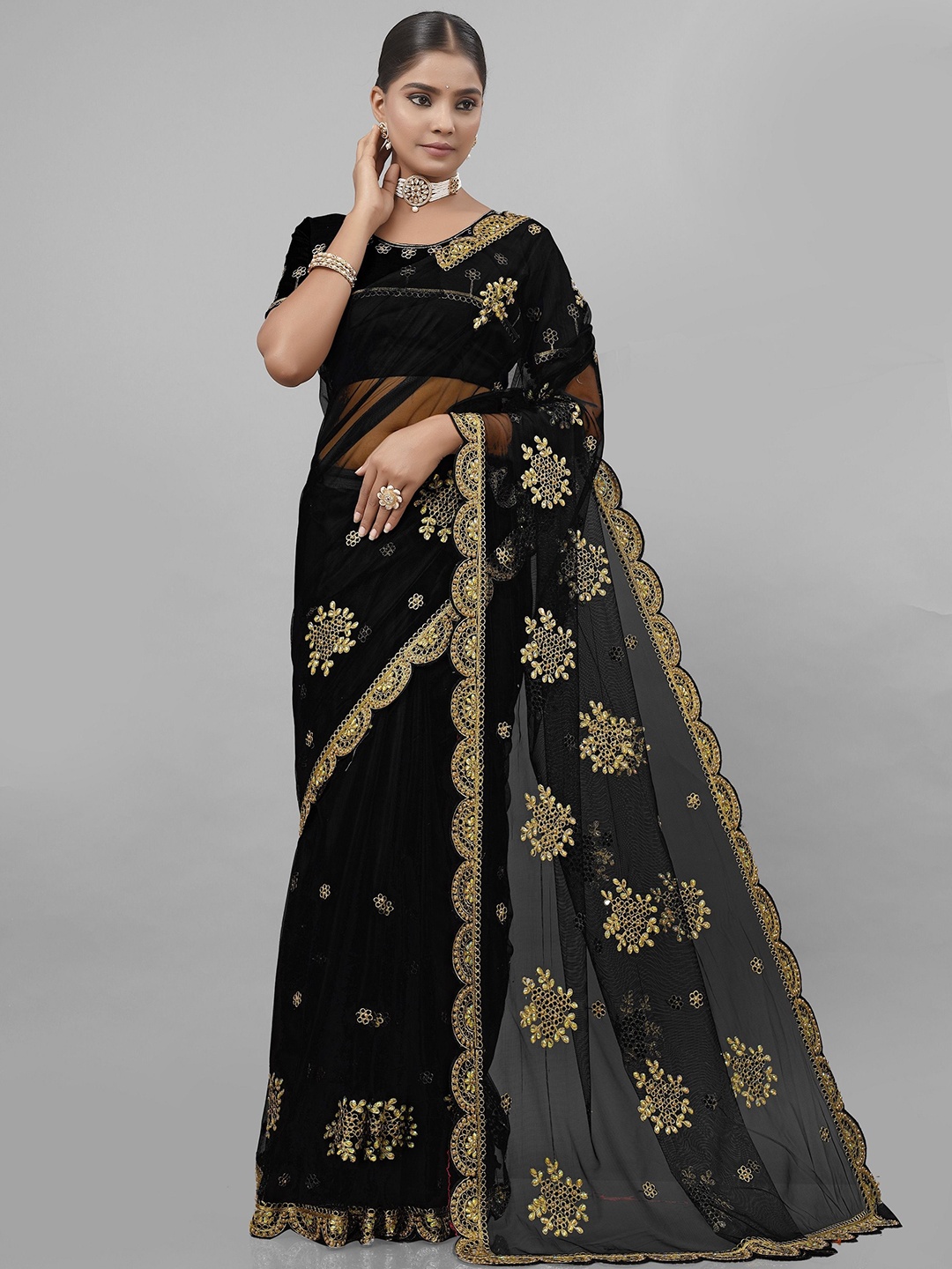 

KHRITI FAB Embellished Embroidered Supernet Saree, Black