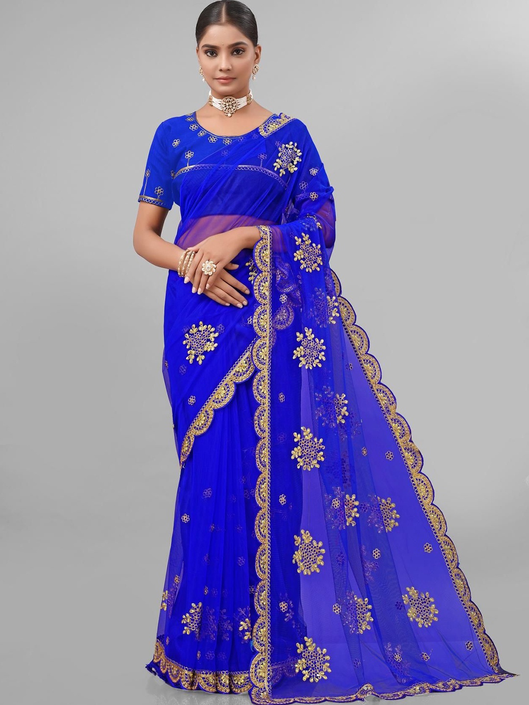 

KHRITI FAB Floral Embroidered Supernet Saree, Blue