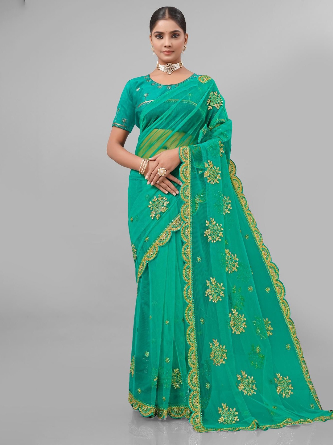 

KHRITI FAB Floral Sequinned Supernet Saree, Green