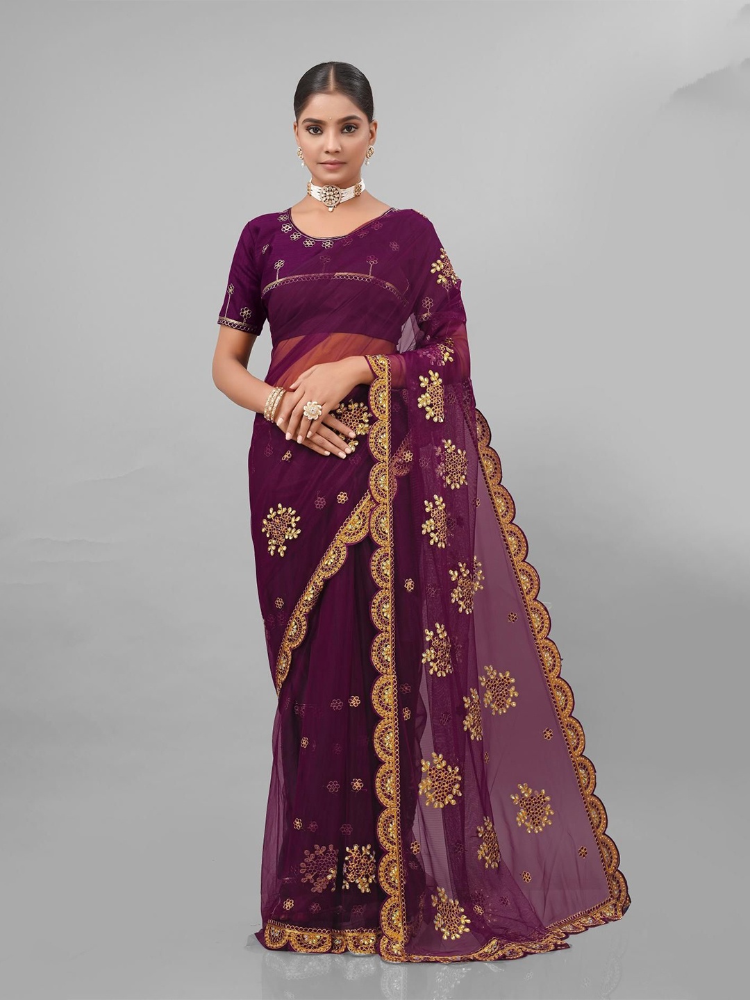 

KHRITI FAB Floral Embellished Supernet Saree, Purple