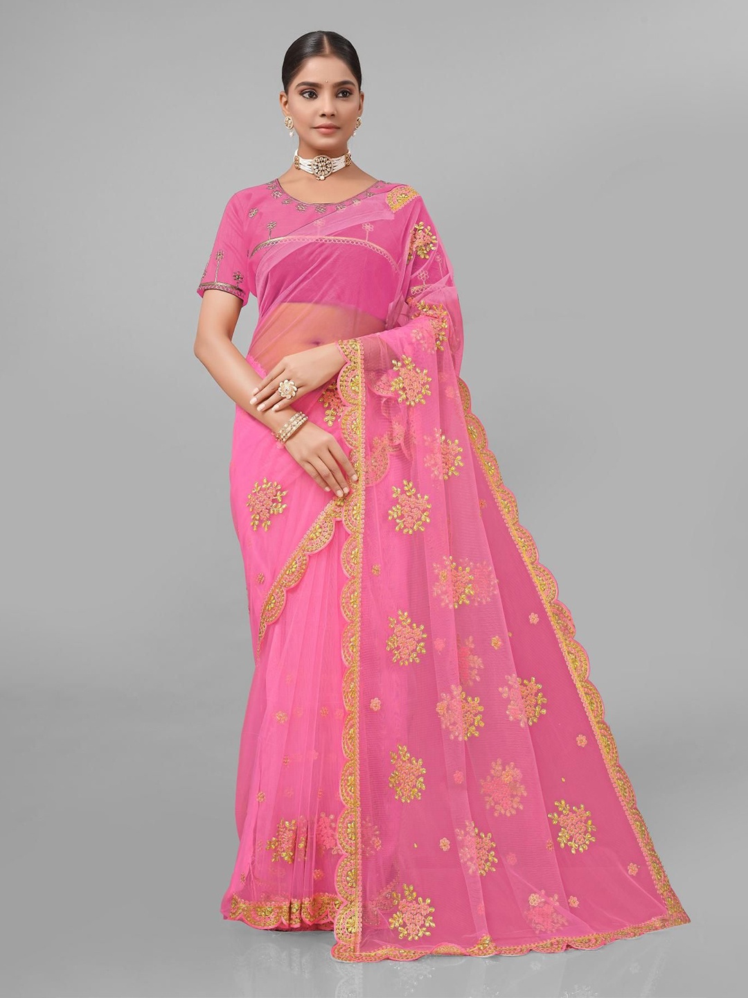 

KHRITI FAB Floral Embroidered Supernet Saree, Pink