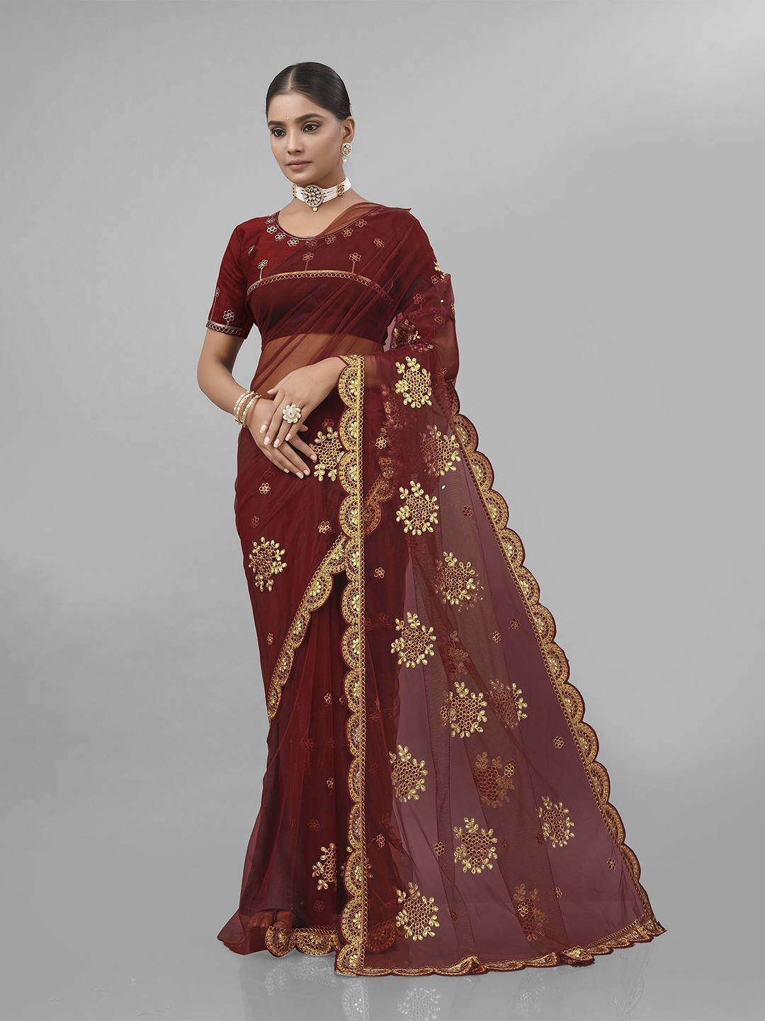 

KHRITI FAB Ethnic Motifs Supernet Saree, Brown