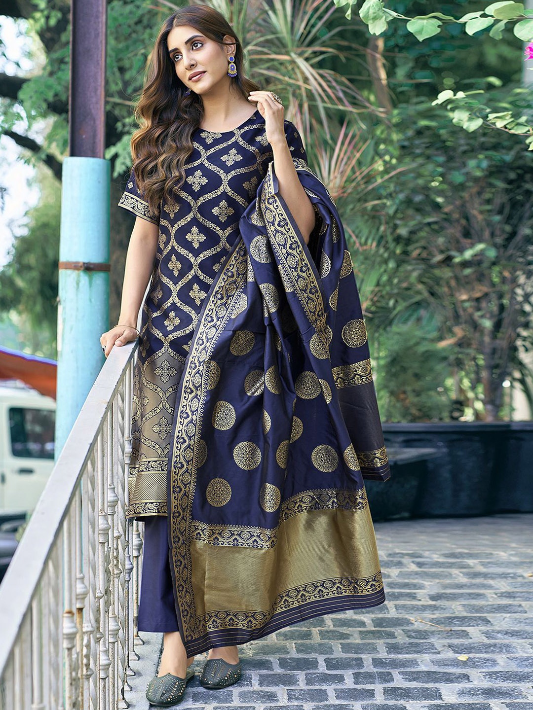 

KALINI Women Ethnic Motis Woven Design Kurta with Trousers & With Dupatta, Navy blue
