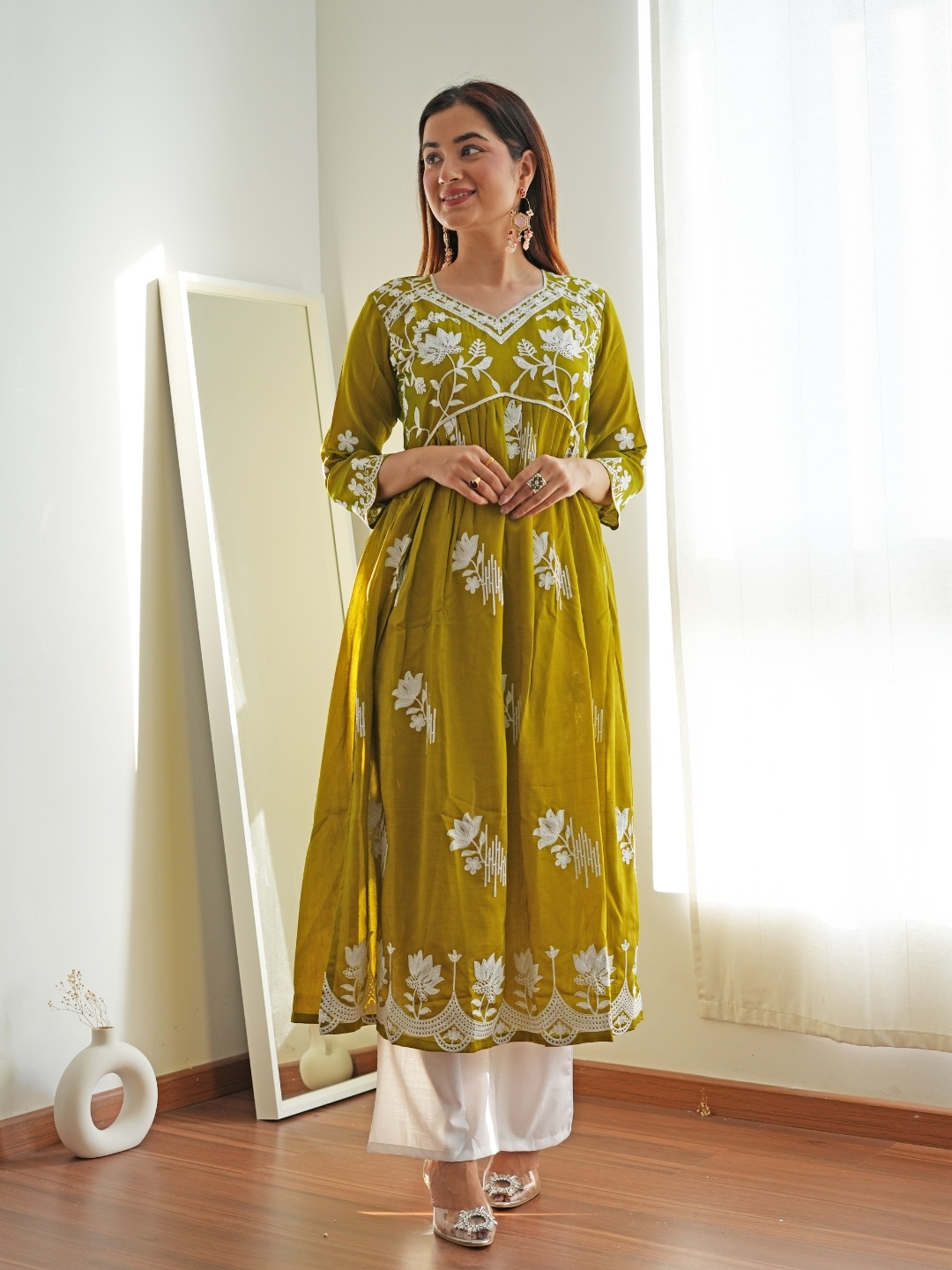 

KALINI Women Floral Printed Flared Sleeves Thread Work Summer Sheers Kurta, Green