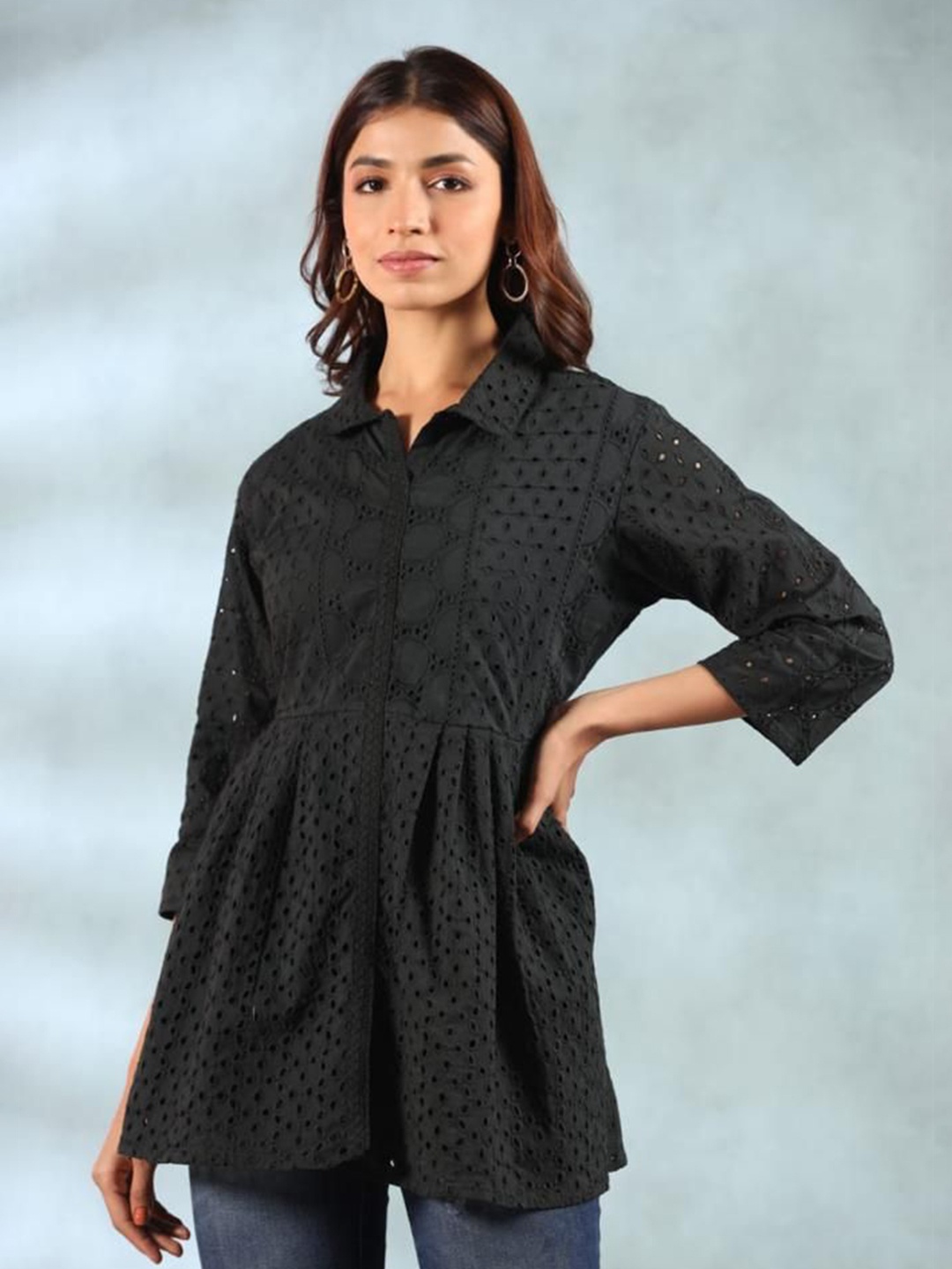 

Advya Self Design Shirt Collar Tunic, Black