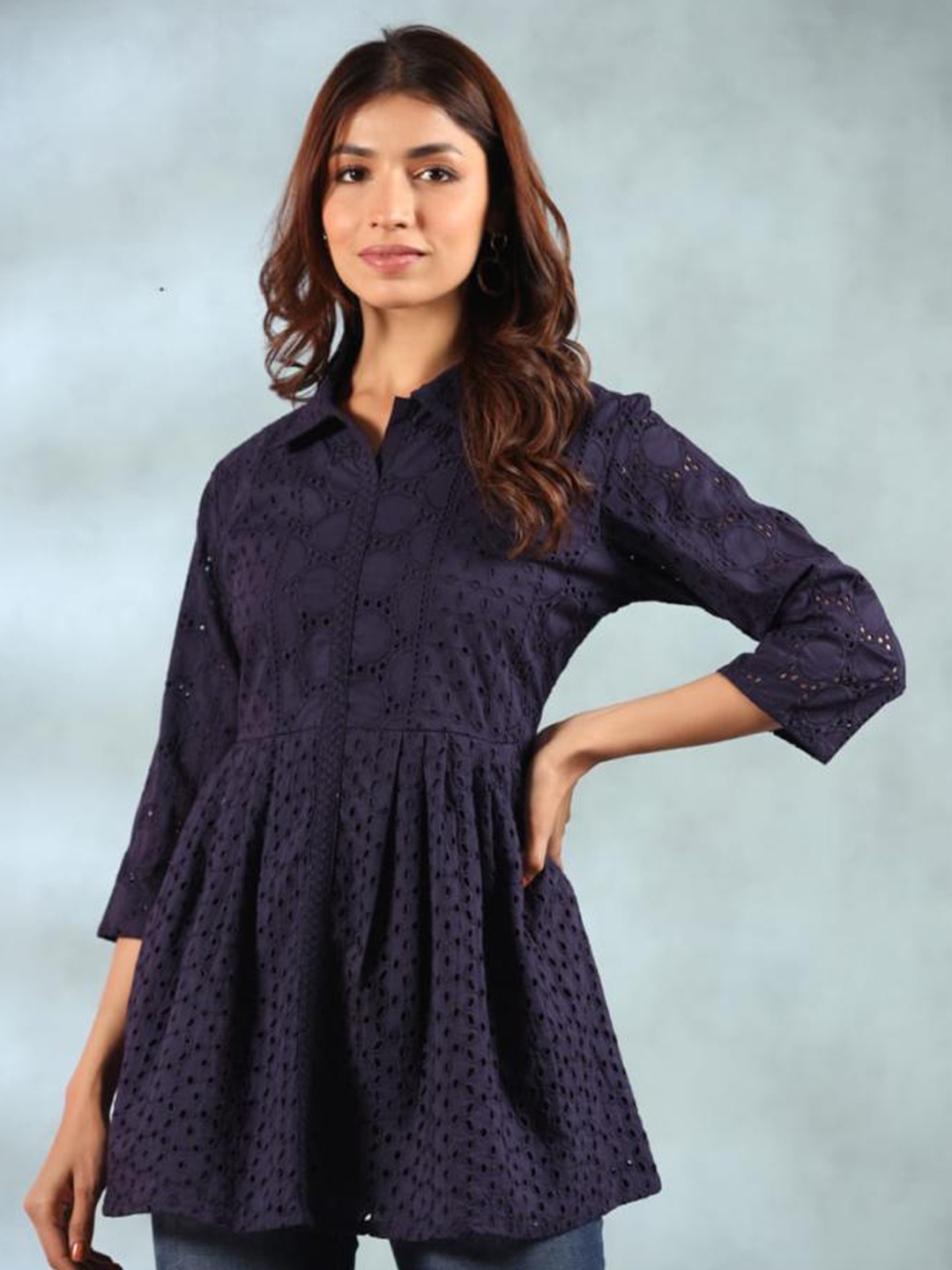 

Advya Self Design Shirt Collar Tunic, Blue