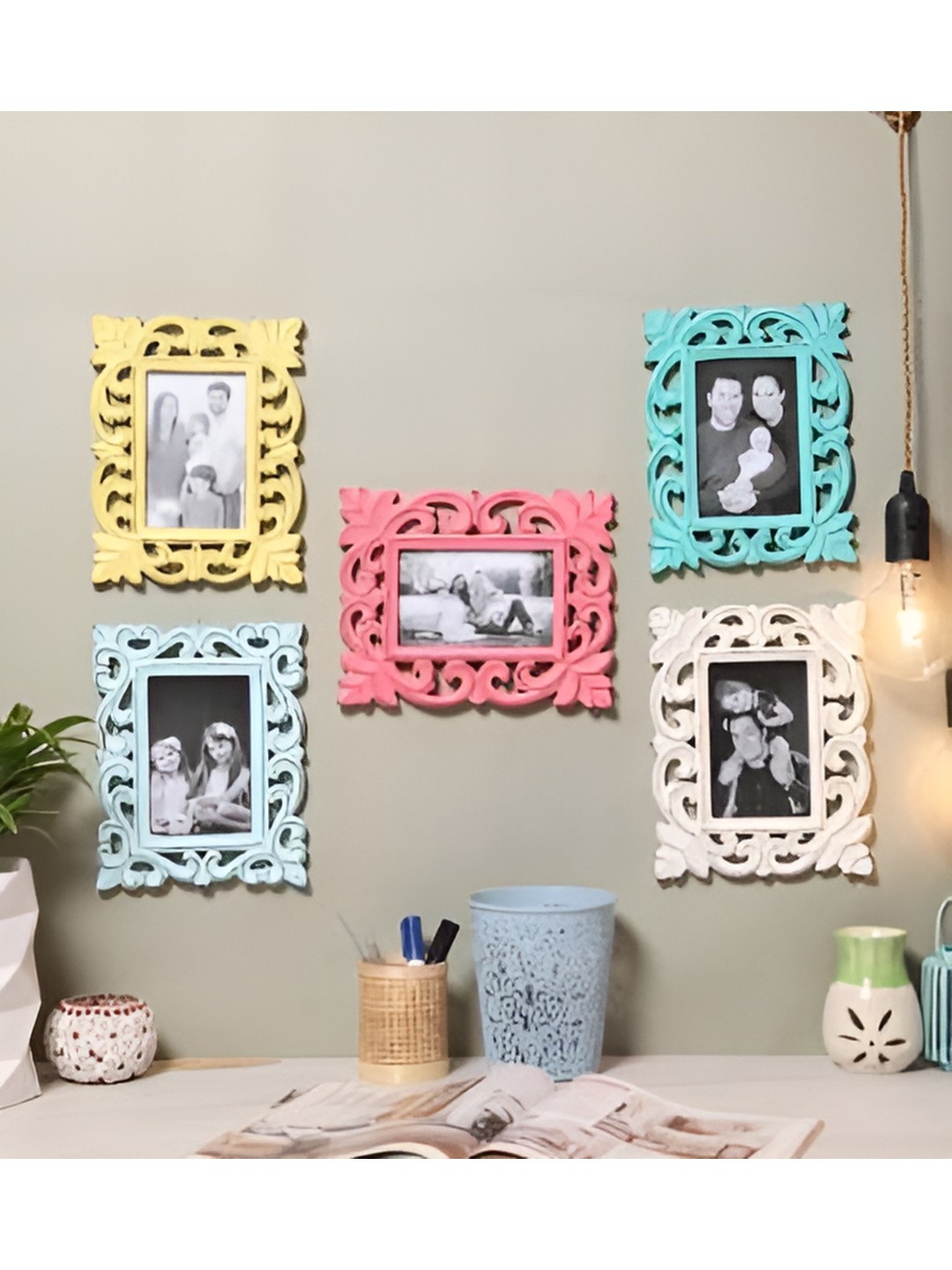 

VAS collection home Yellow & Blue 5 Pieces Self Design Wooden Wall Decor Plates