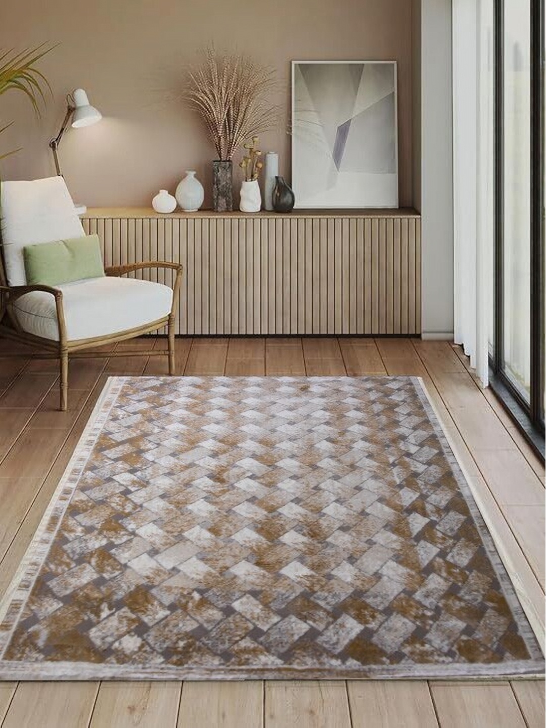 

STUDIOHMK Brown Geometric Anti-Skid Carpet & Rug