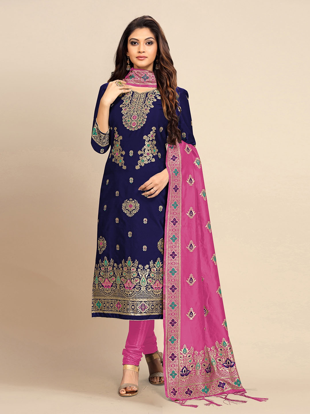 

Trendmalls Women Floral Embroidered Pure Silk Kurti with Churidar & Dupatta, Navy blue