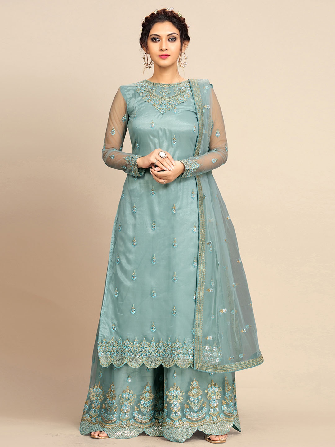 

Trendmalls Women Floral Embroidered Regular Sequinned Kurti with Palazzos & With Dupatta, Blue