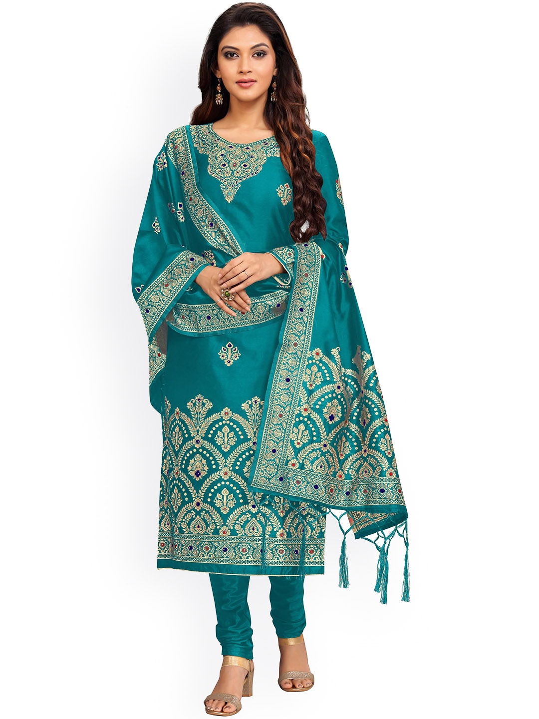 

Trendmalls Women Floral Regular Pure Silk Kurta with Churidar & With Dupatta, Turquoise blue