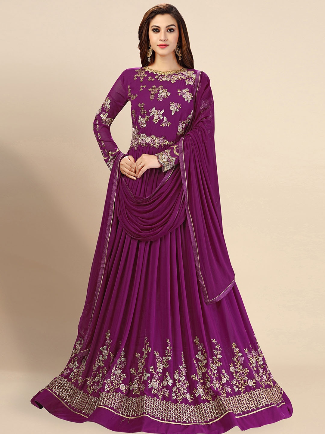 

Trendmalls Women Floral Embroidered Beads and Stones Kurti with Trousers & With Dupatta, Purple