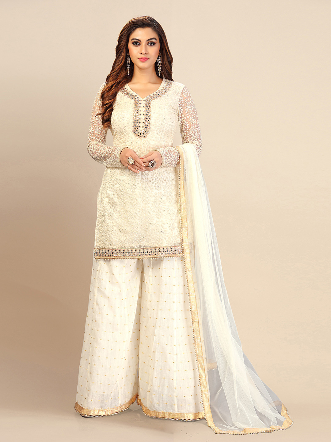 

Trendmalls Women Floral Embroidered Regular Mirror Work Kurti with Palazzos & Dupatta, Off white