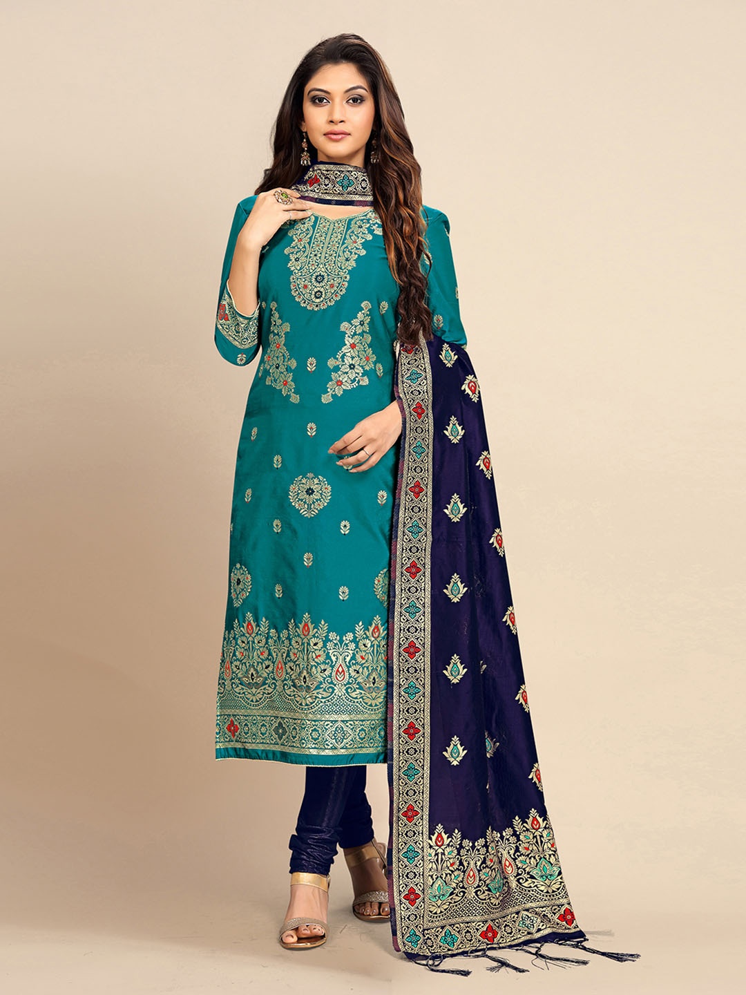 

Trendmalls Women Floral Embroidered Regular Pure Silk Kurta with Churidar & Dupatta, Turquoise blue