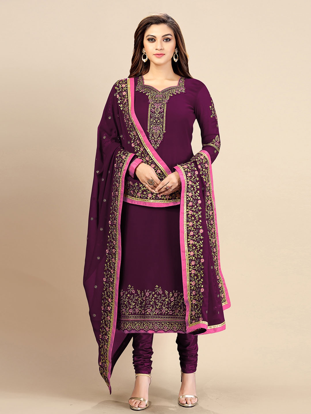 

Trendmalls Women Floral Embroidered Regular Thread Work Kurti with Trousers & Dupatta, Purple