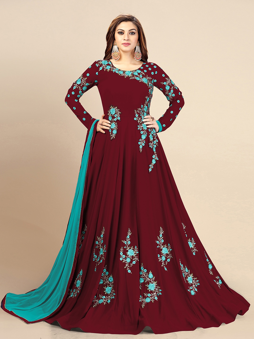 

Trendmalls Women Floral Embroidered Anarkali Kurta with Trousers & Dupatta, Maroon