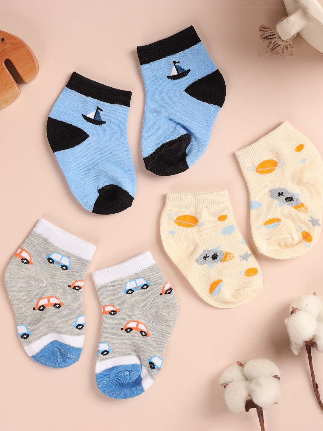 

KICKS & CRAWL Infants Pack Of 3 Printed Cotton Ankle-Length Socks, Blue