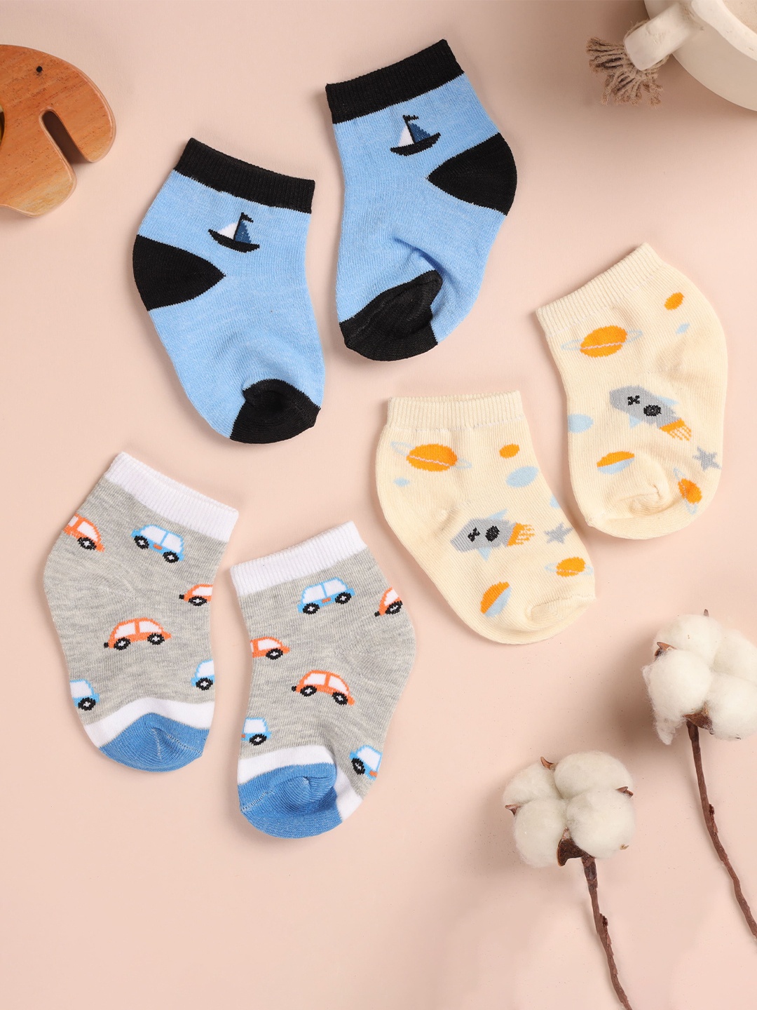 

KICKS & CRAWL Infants Pack Of 3 Printed Cotton Ankle-Length Socks, Blue