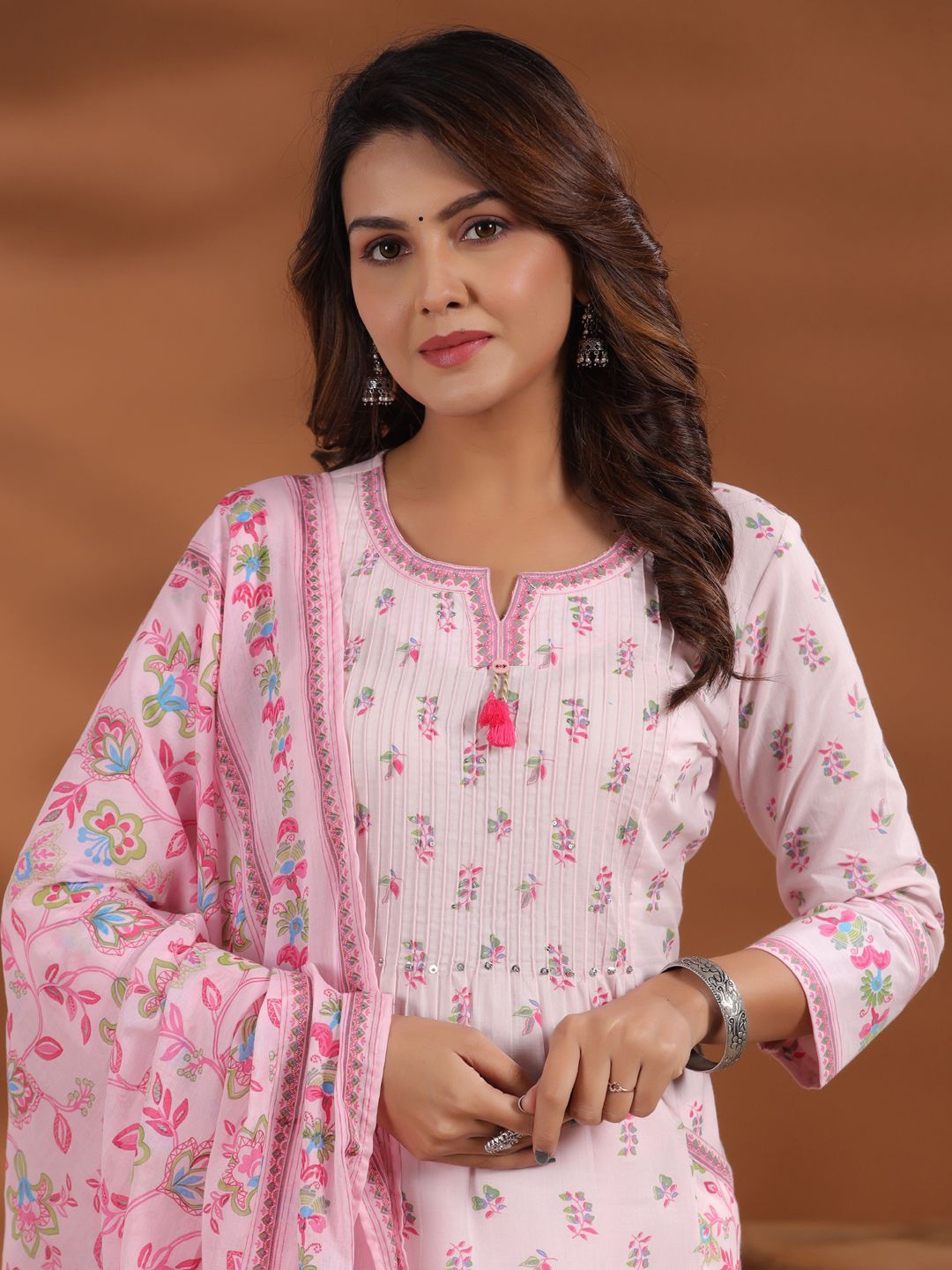 

Readiprint Women Floral Printed Beads and Stones Pure Cotton Kurta & Trousers Set, Pink