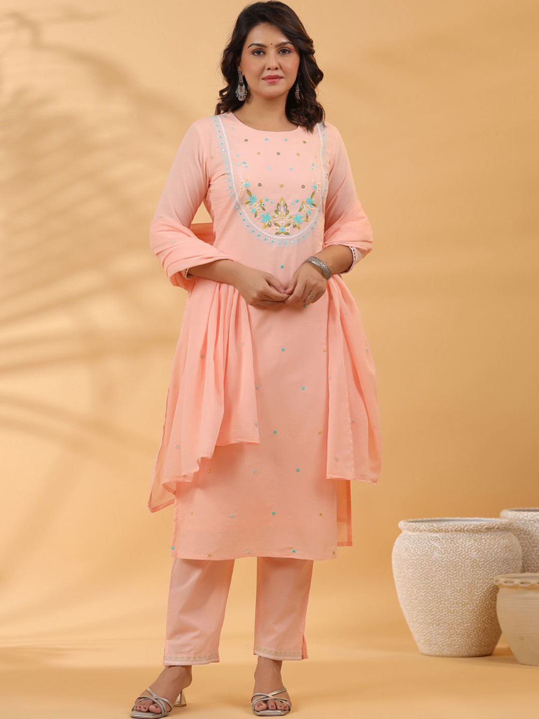 

Readiprint Fashions Women Floral Mirror Work Pure Cotton Kurta set with dupatta, Peach