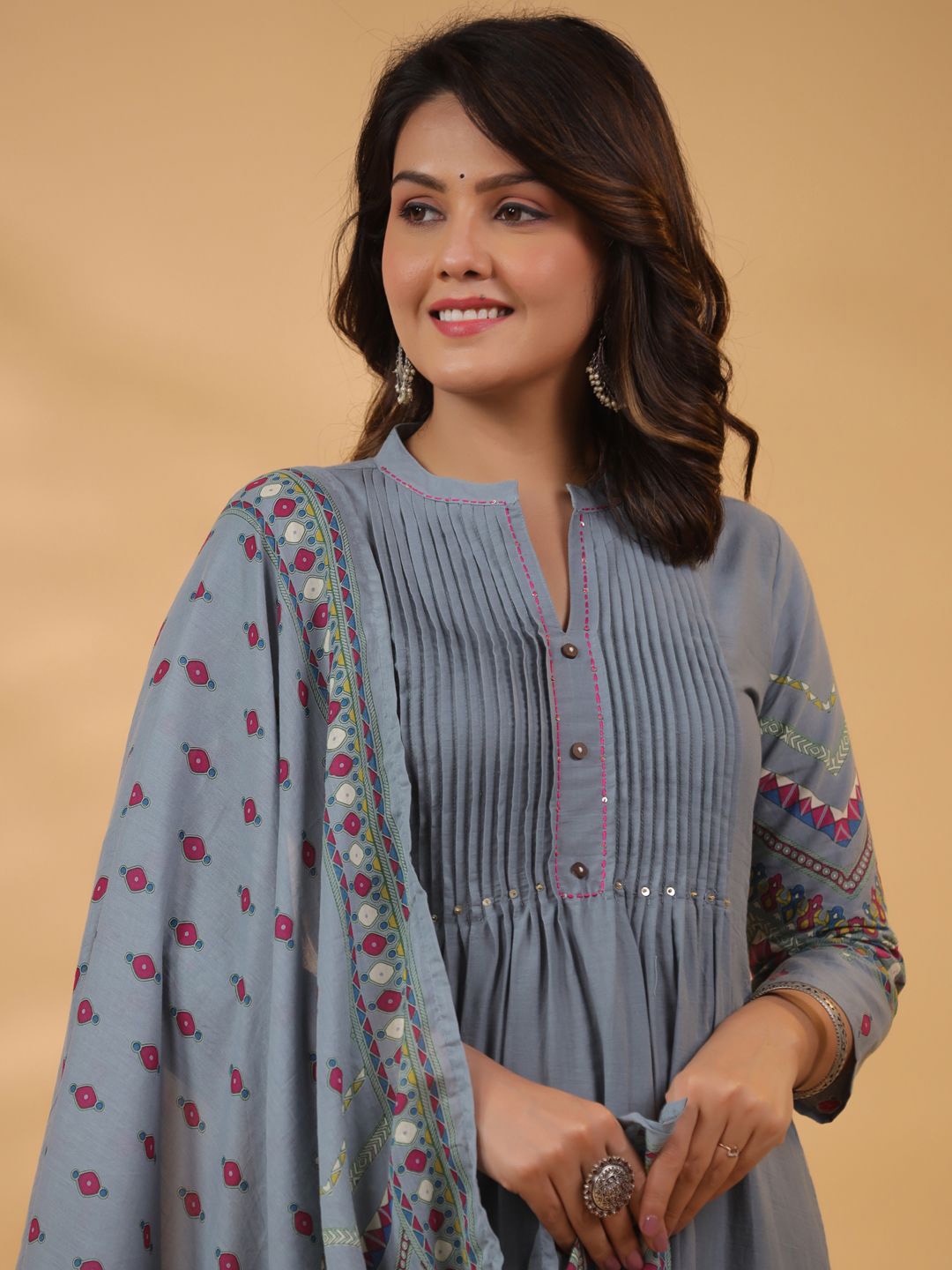 

Readiprint Women Printed Regular Zardozi Pure Cotton Kurta with Trousers Set, Grey