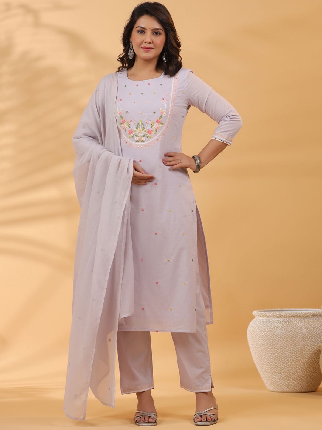 

Readiprint Women Embroidered Thread Work Pure Cotton Kurta with Trousers Set, Grey