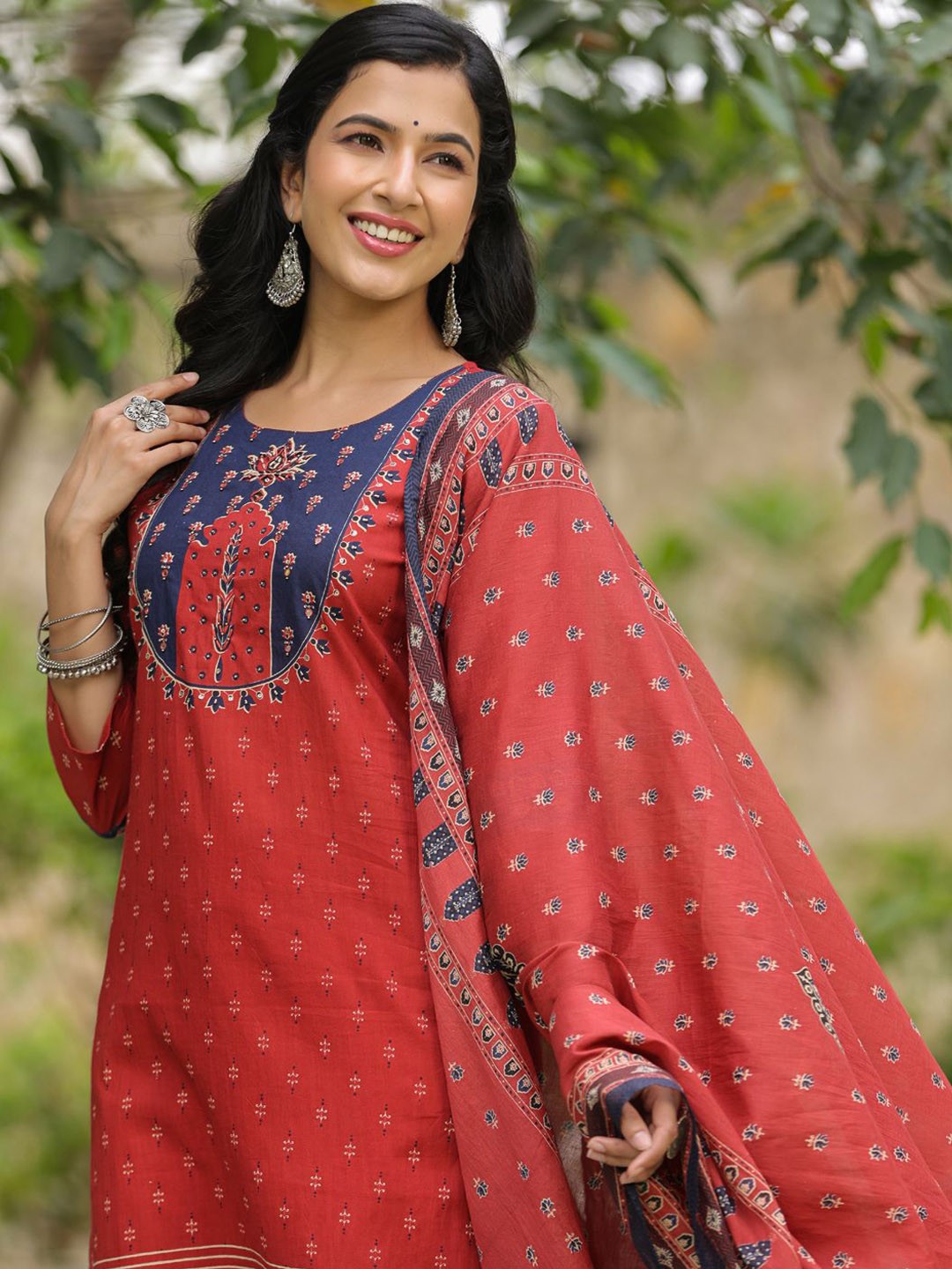 

Readiprint Women Printed Regular Aari Work Pure Cotton Kurta with Trousers Set, Maroon