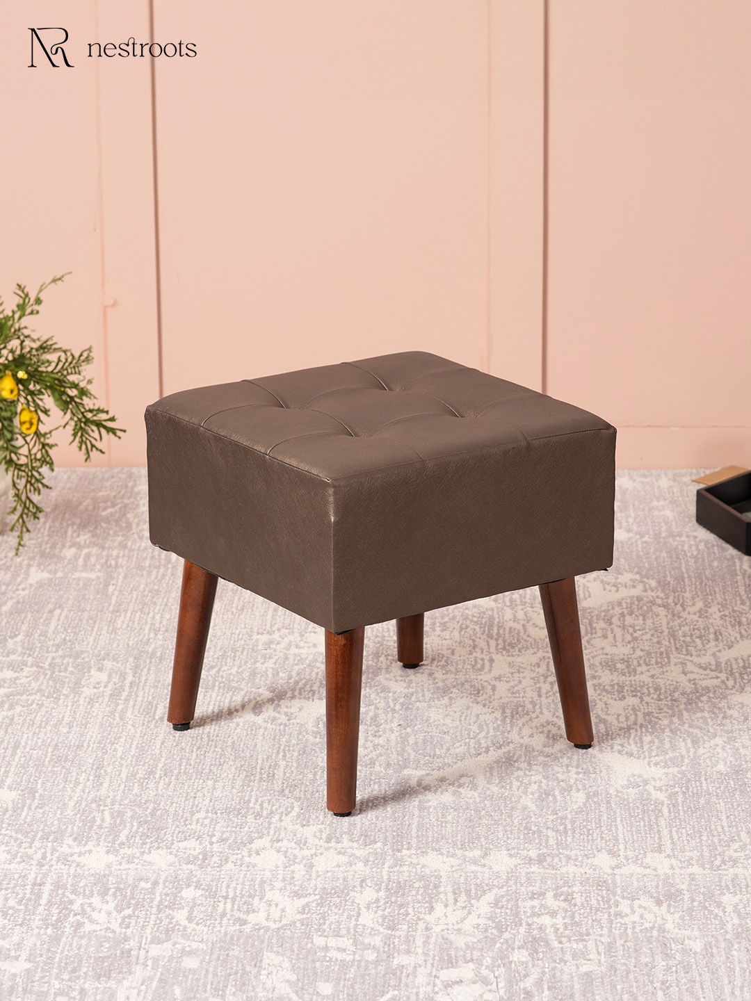 

nestroots Brown Faux Leather Wooden Bench Ottomans