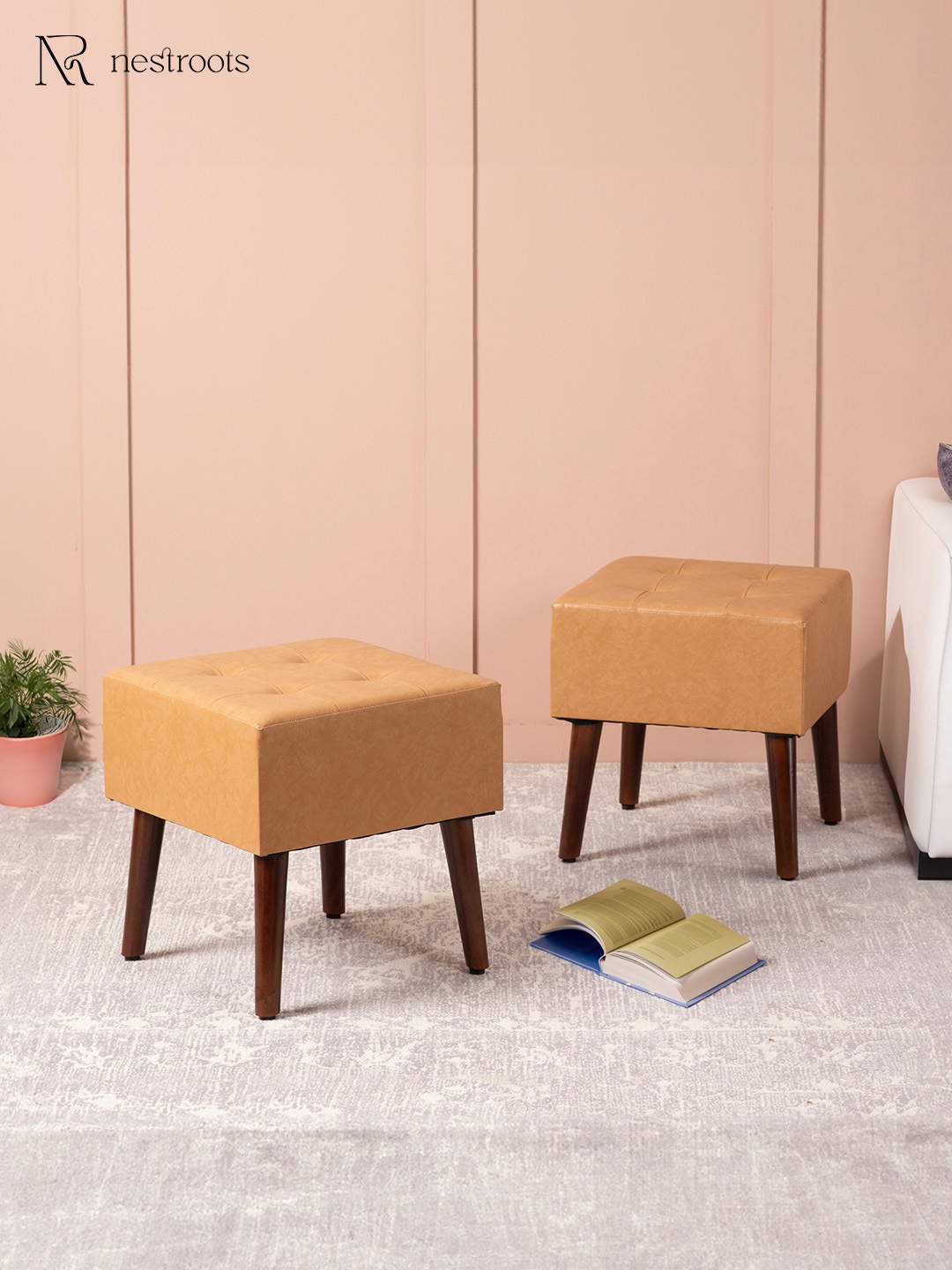 

nestroots Pack Of 2 Brown Wooden Benches for Living Room