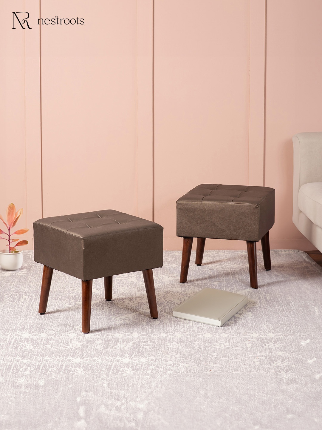 

nestroots Pack Of 2 Brown Textured Wooden Square Ottomans Stool